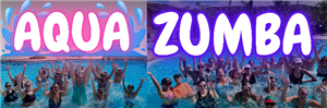 "aqua zumba" words above a group of people in a swimming pool with arms up in celebration