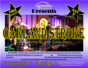 a purple flyer showing a photo of a 9 piece band playing at an event with words "Free Concert July 9" and a description similar to the text included on this page
